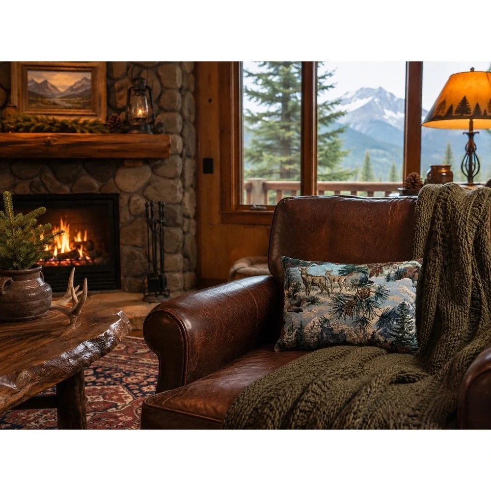 Deer Tapestry Pillow 16x11 Woodland Cabin Lodge Decor Mountain Pinecone Accent